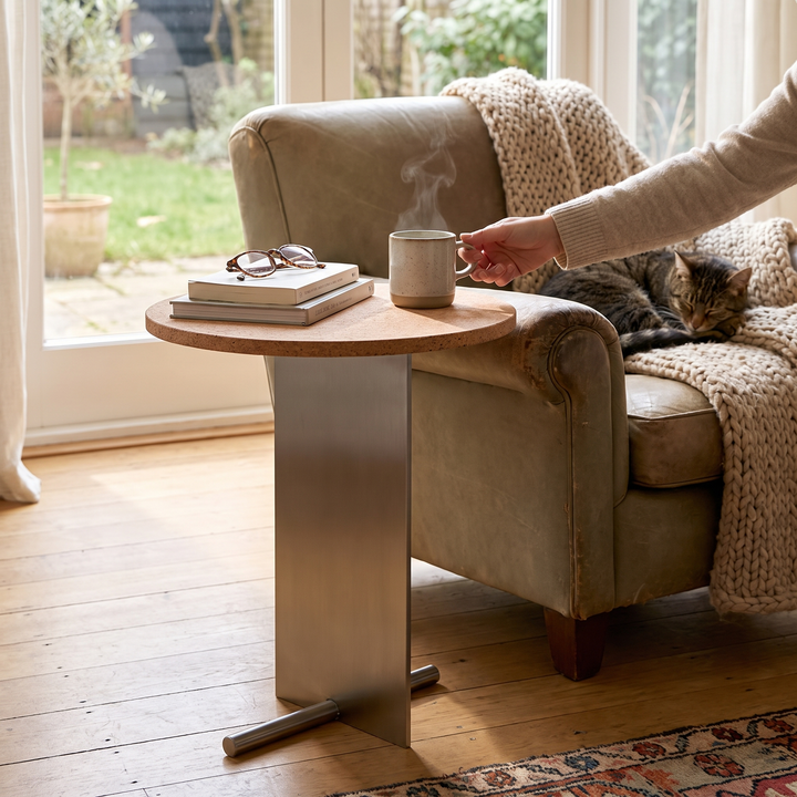 Travertine Round Side Table - lifestyle